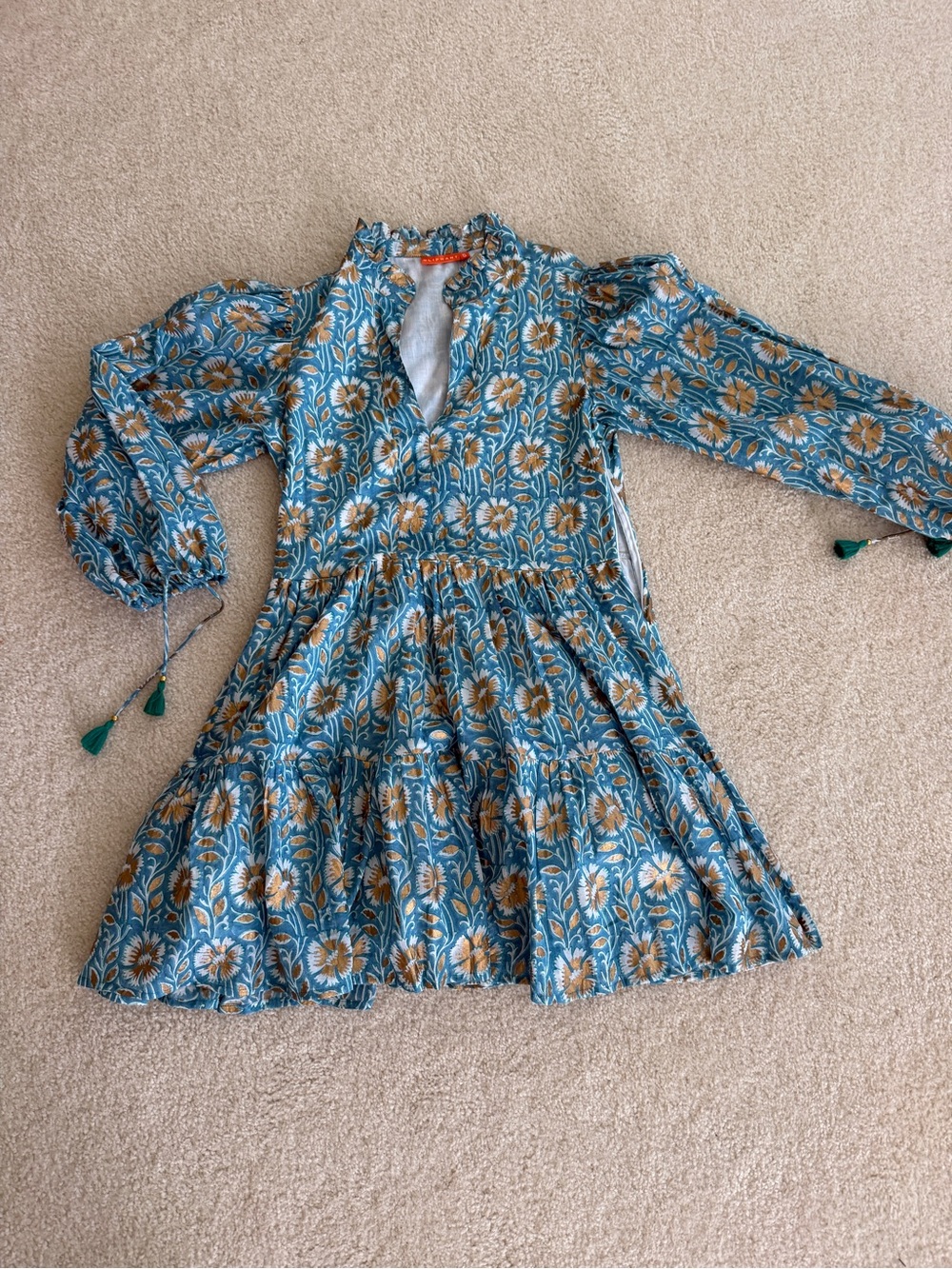 Oliphant Teal Gold Floral Mini Yoke Dress w/ balloon sleeves Size S